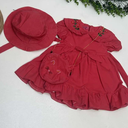 سارافون آستین کوتاه دخترانه کلاه کیف