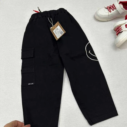 شلوار مام مشکی کتان طرح لبخند اورجینال