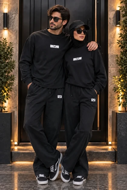 ست دورس و شلوار بگ دو نخ پنبه کاپلی (Oversize) رنگ مشکی