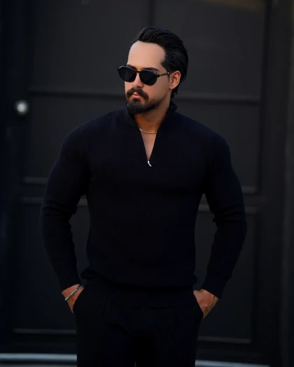 بافت نیم‌زیپ مردانه یقه‌ایستاده Slim Fit