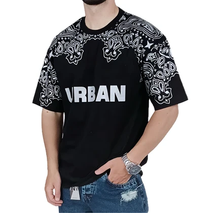 تیشرت آستین کوتاه مردانه باکسی مشکی طرح URBAN