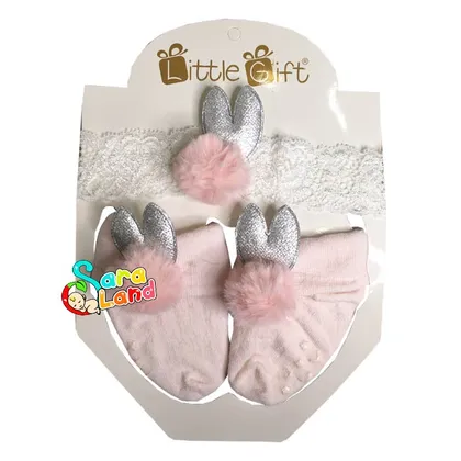 ست جوراب و هدبند دخترانه Little Gift طرح خرگوش پوم دار صورتی