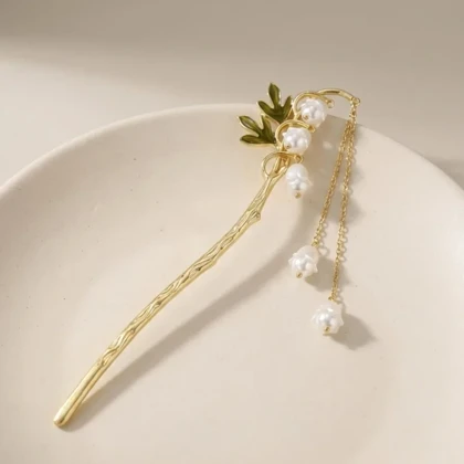 کانزاشی مو زنانه فلزی مدل فلورینا طرح گل با آویز مروارید ظریف