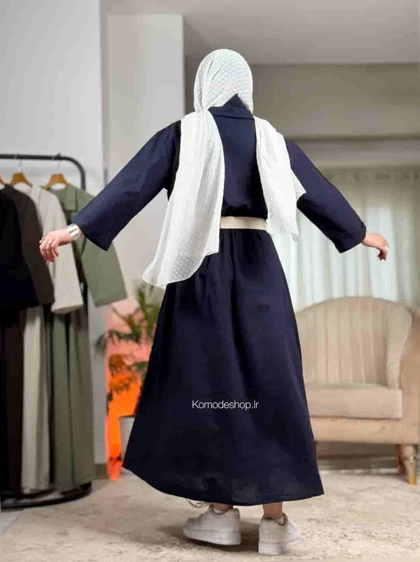 پیراهن لینن بلند زنانه کمربندار