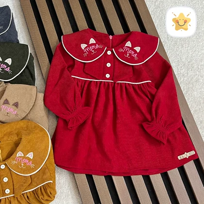 پیراهن دخترانه مخمل کبریتی مدل MEOW MEOW برند MANELY