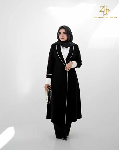 مانتو زنانه بلند مشکی جلوبسته کرپ هاندس