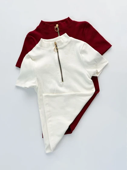 کراپ تاپ کبریتی آستین نصفه یقه سه سانت نیم زیپ