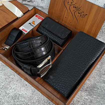 ست هدیه چرم مردانه کیف پول و کمربند مدل 4 تیکه طرح روکو