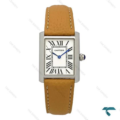 ساعت کارتیر تانک زنانه سیلور بند چرم عسلی Cartier-7214-L