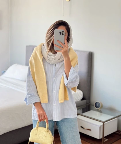 شومیز راه راه نازک آبی CH652