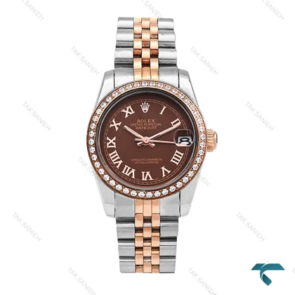 ساعت Rolex زنانه دورنگ رزگلد صفحه قهوه ای ایندکس یونانی دورنگین Rolex-6299-L