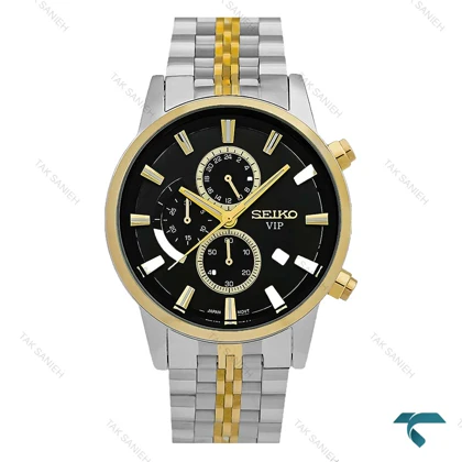 ساعت سیکو مردانه سه موتوره دورنگ طلایی صفحه مشکی Seiko-8745-G