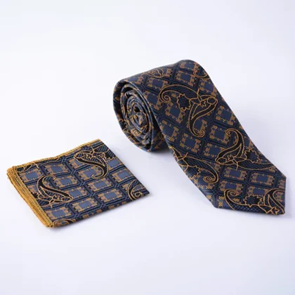 ست کراوات و پوشت جیبی ترمه سورمه ای و زرد 1267