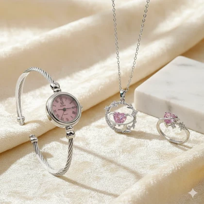 ست زنانه ساعت و گردنبند و انگشتر مدل ماه و ستاره-نقره ای ویژه