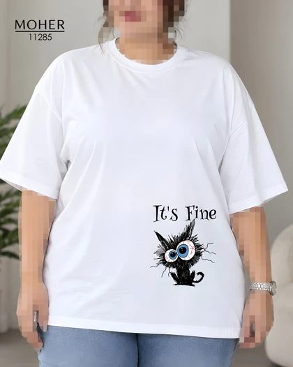تیشرت زنانه سایز بزرگ سفید طرح گربه It’s Fine