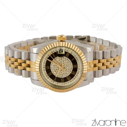 ساعت رولکس دیت جاست زنانه دورنگ طلایی صفحه نگین اعداد رومی 105114