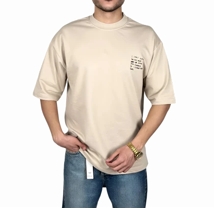 تیشرت آستین کوتاه مردانه کرمی طرح دار گرافیکی