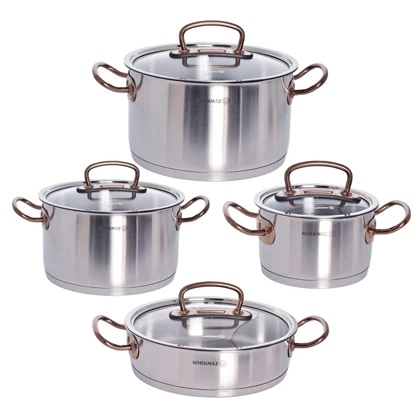 سرویس قابلمه 8 پارچه کرکماز، جنس بدنه استیل، دارای دسته پرچ شده، کفه سه لایه و طراحی مناسب جهت پخش بهتر گرما، مدل پرولاین proline ، سایز قابلمه‌ها 16، 20، 24، سایز تابه دو دسته 24