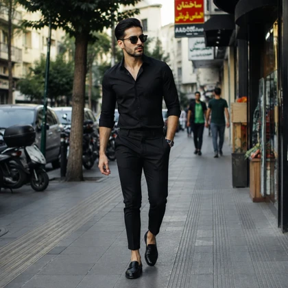 پکیج پیراهن مردانه مشکی مدل VQ + شلوار مردانه مشکی مدل MOBIN