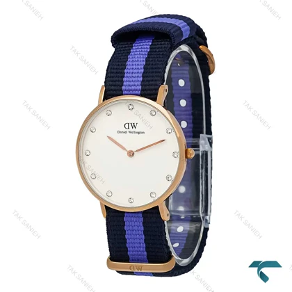 ساعت DW زنانه رزگلد صفحه سفید بند برزنتی بنفش سرمه ای DW-7230-L