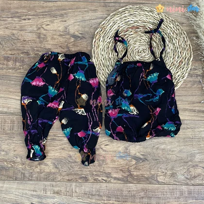 تاپ شلوارک نخی مشکی گل‌دار