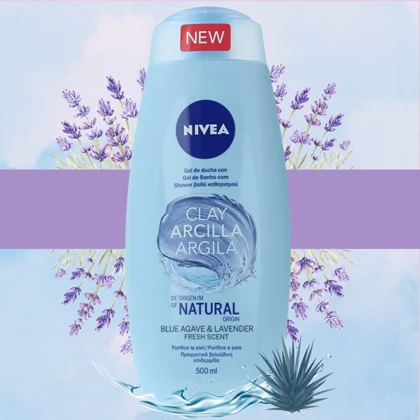 شامپو بدن کرمی لایه‌بردار نیوآ مدل Natural Clay Lavender مناسب انواع پوست حجم 500 میلی‌لیتر