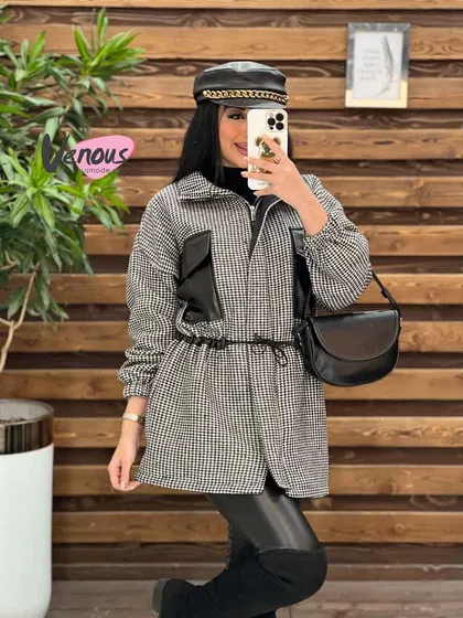 پالتو طرحدار جیب چرمی