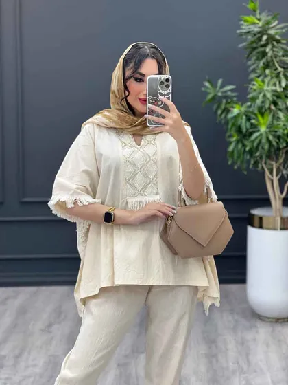 مانتو لینن نچرال جلو بسته بغل ریش