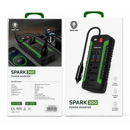 مبدل برق و شارژ داخل خودرو گرین لاین مدل Spark ظرفیت 300 وات