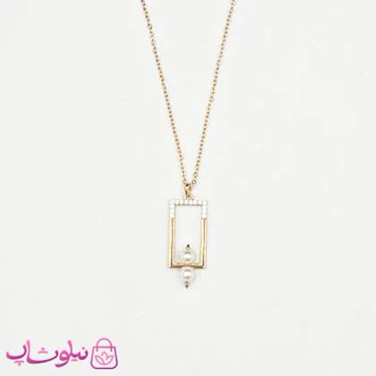 گردنبند زنانه ژوپینگ طرح مستطیل با گوی مرواریدی کد 2391