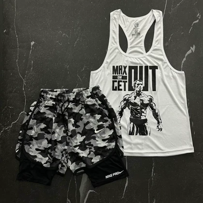 پکیج کد S157 شامل رکابی + شلوارک کشاله دار نایک با تم سفید طوسی