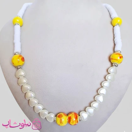 گردنبند دستساز ترکیب مروارید قلبی و فیمو و گوی چینی کد 300