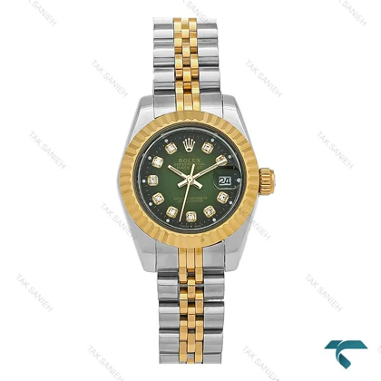 رولکس زنانه دورنگ طلایی صفحه سبز ایندکس نگین اسمال Rolex-7980-L