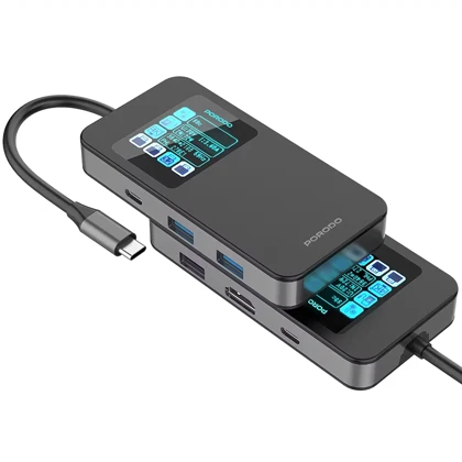 هاب تایپ سی 6 پورت پورودو Porodo مدل PDTC630GY با نمایشگر دیجیتالی