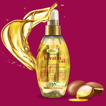 روغن مو تغذیه‌کننده و درخشان‌کننده او جی ایکس Keratin Oil مناسب برای همه موها حجم 118 میلی‌لیتر
