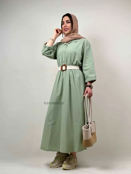 پیراهن لینن بلند زنانه کمربندار