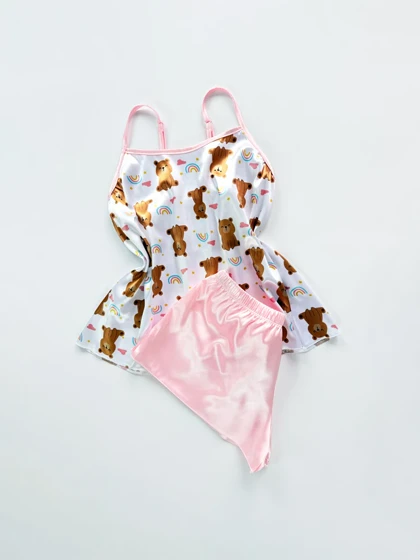 ست لباس خواب تاپ و شورتک ساتن طرح خرس و رنگین کمان