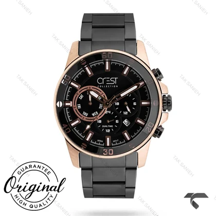 ساعت کرست 6261-3 مردانه مشکی رزگلد فول دیت Crest-10868-G