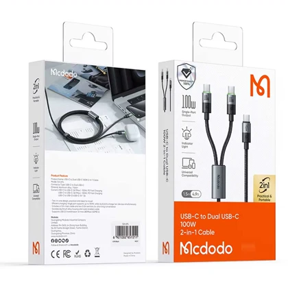 کابل تایپ‌سی به دو تایپ‌سی 100 وات 5 آمپر 1.5 متری مک‌دودو MCDODO CA-6740