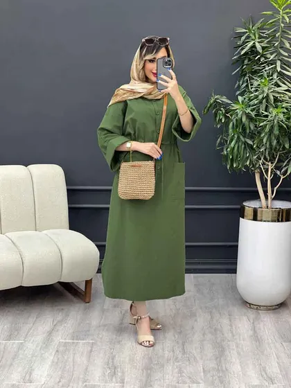پیراهن بلند کمر گت تک جیب
