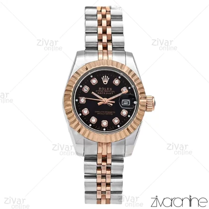 ساعت رولکس دیت جاست زنانه رزگلد نقره ای صفحه مشکی نگینی اسمال 106111