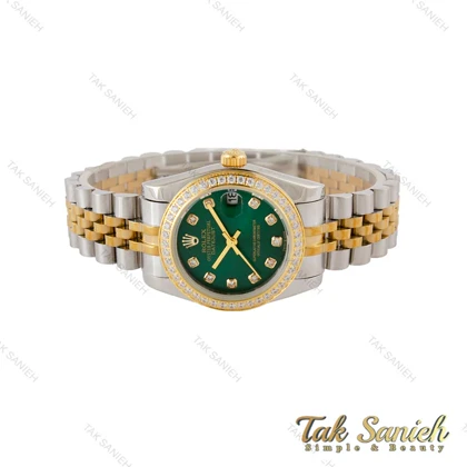 ساعت رولکس زنانه دورنگ طلایی دورنگین صفحه سبز Rolex-5303-L