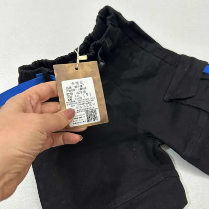 شلوار مام مشکی کتان کمربند آبی اورجینال