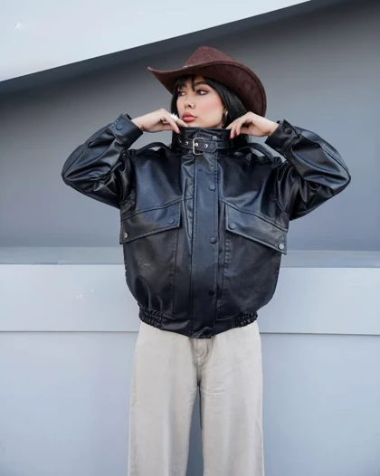 کاپشن کراپی چرم دخترانه