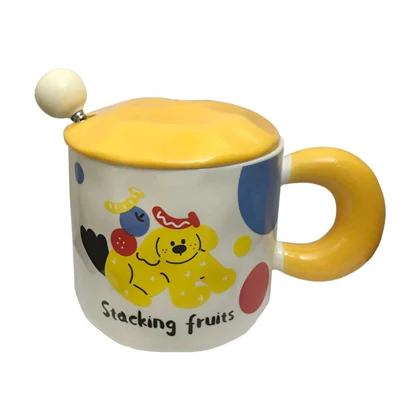 ماگ سرامیکی درب دار فانتزی طرح سگ رنگ نارنجی و دایره کد 2410