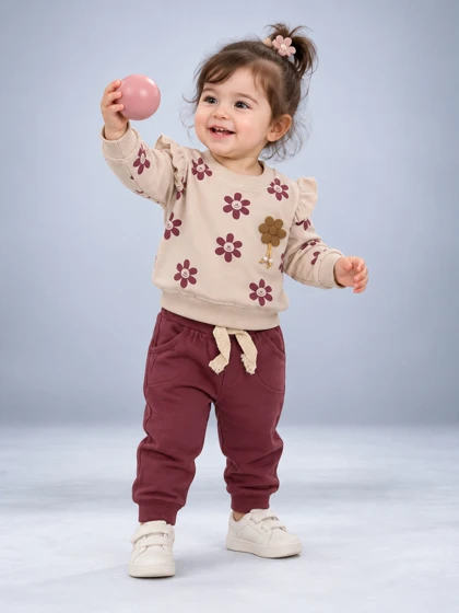 بلوز شلوار گل خندان خاکی هوم کیدز