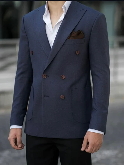 کت دبل برست جیب بزرگ آبی نفتی c185