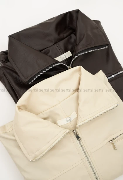 کراپ کت جلو زیپ چرم کد1004881