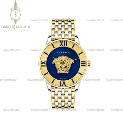 ساعت مچی ورساچه طرحدار بند سیلورطلایی صفحه آبی Versace