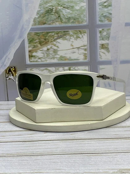عینک آفتابی پرسول PO9298 فریم سفید عدسی شیشه‌ای سبز UV400 پلاریزه